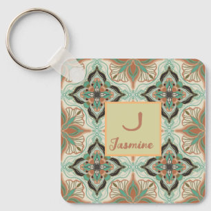 Watercolor Moroccan Floral Tile Personalized  Keychain