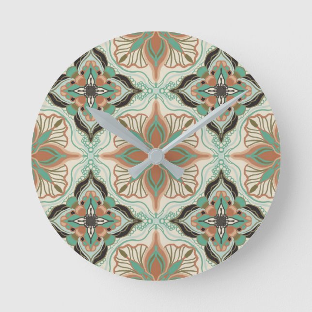 Watercolor Moroccan Floral Tile Round Clock (Front)