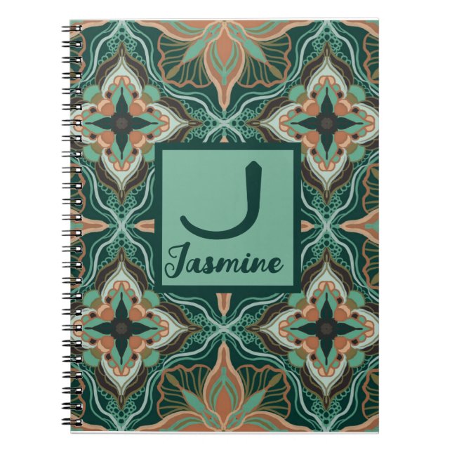Watercolor Moroccan Teal Floral  Notebook (Front)