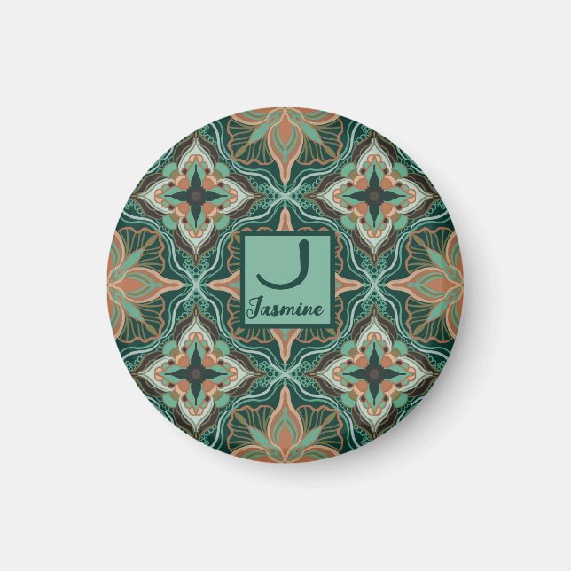 Watercolor Moroccan Teal Floral Personalized  Magnet (Front)