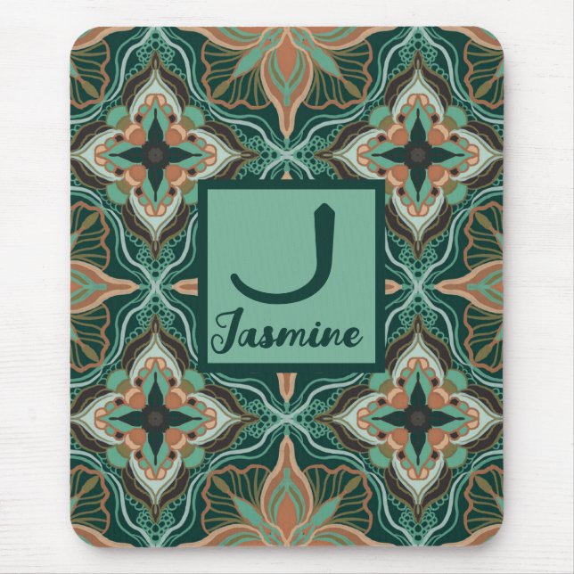 Watercolor Moroccan Teal Floral Personalized  Mouse Pad (Front)