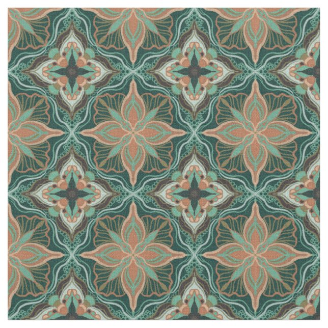 Watercolor Moroccan Teal Floral Tile Fabric (Close Up)