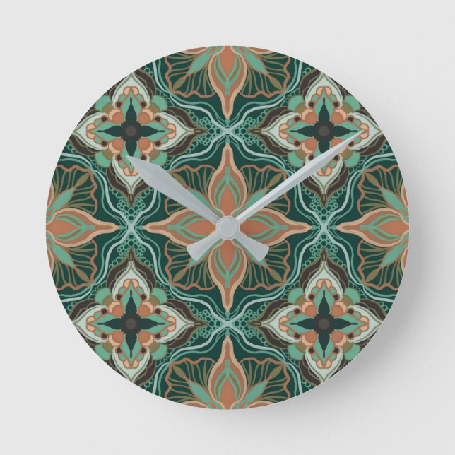 Watercolor Moroccan Teal Floral Tile  Round Clock (Front)