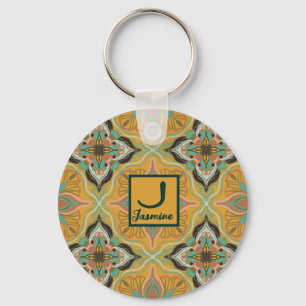 Watercolor Moroccan Yellow Floral Personalized Keychain