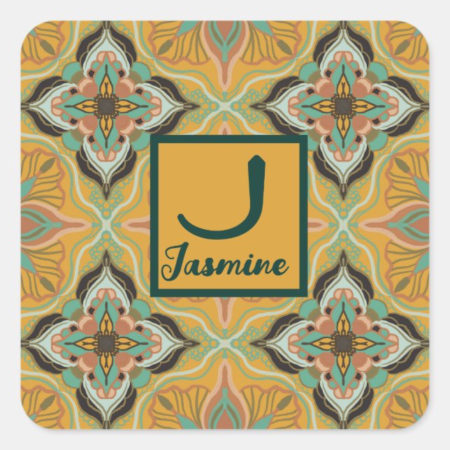 Watercolor Moroccan Yellow Floral Personalized Square Sticker (Front)