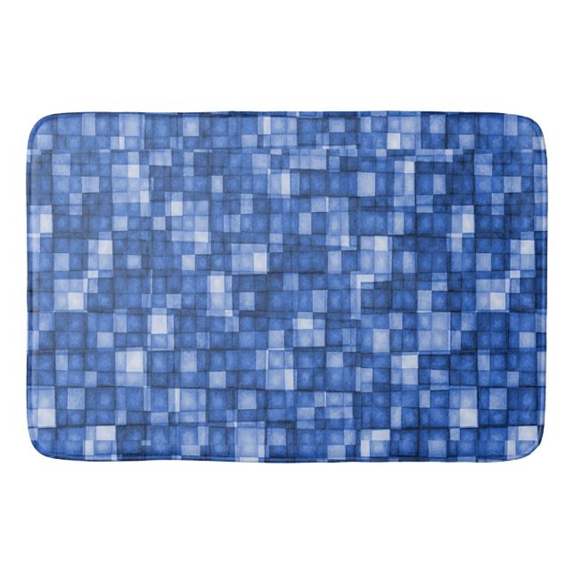 Watercolor Mosaic Tiles Shades of Cobalt Blue Bath Mat (Front)