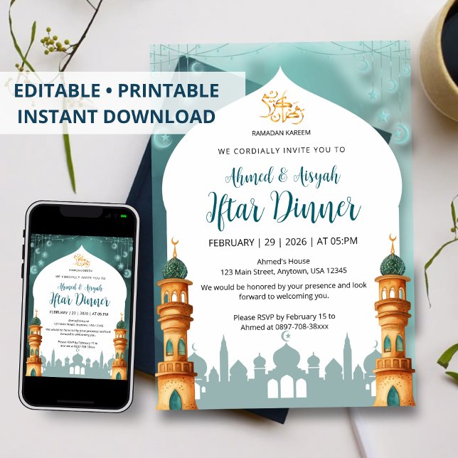 Watercolor Mosque Mint Teal & Gold Ramadan Iftar Invitation (Creator Uploaded)