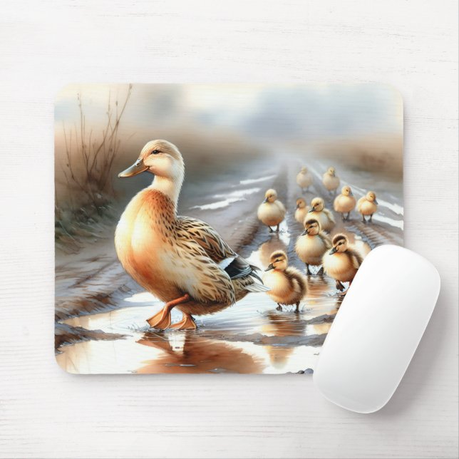 Watercolor Mother Duck With Ducklings Mouse Pad (With Mouse)