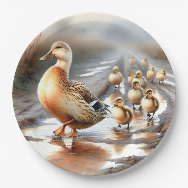 Watercolor Mother Duck With Ducklings Paper Plate (Front)