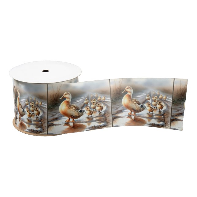 Watercolor Mother Duck With Ducklings Satin Ribbon (Spool)