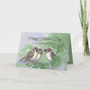 Watercolor Mother Sparrow Feeding Chicks Card