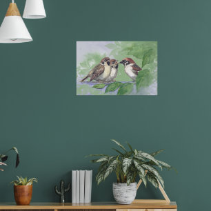 Watercolor Mother Sparrow Feeding Chicks Poster