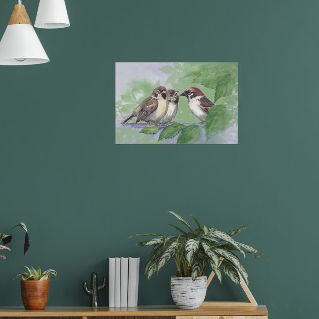 Watercolor Mother Sparrow Feeding Chicks Poster (Living Room 1)