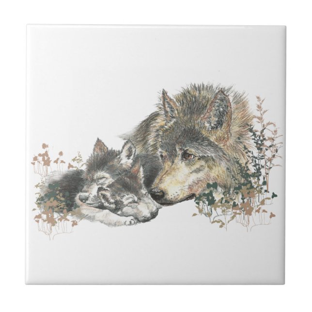 Watercolor Mother Wolf & Cubs Animal Art Tile (Front)
