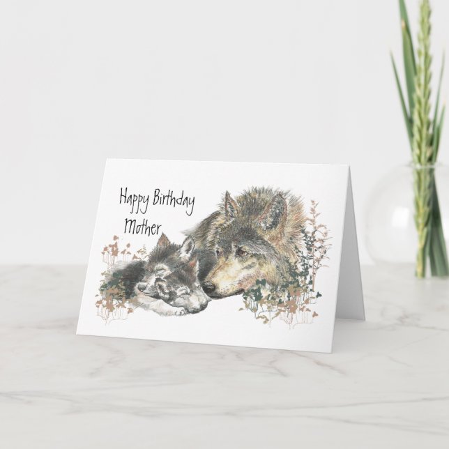 Watercolor Mother Wolf & Cubs Mom Happy Birthday Card (Front)