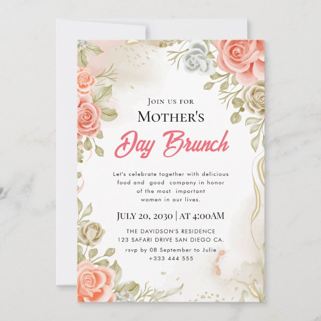 Watercolor Mother's Day Brunch Invitations (Front)