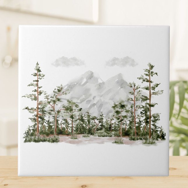 Watercolor Mountain and Forest Tile (Close up)