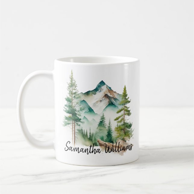 Watercolor Mountain And Pine Trees Coffee Mug (Left)