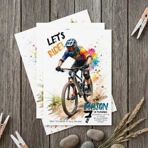 Watercolor Mountain Bike Boys Birthday Invitation
