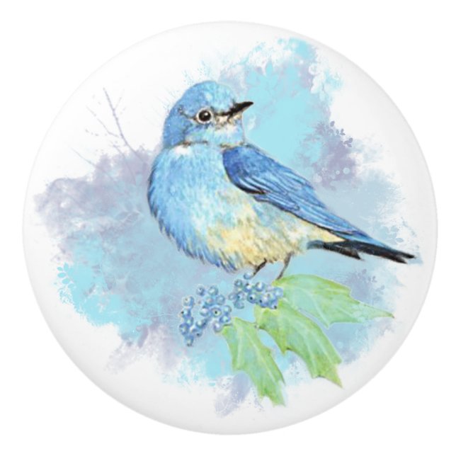 Watercolor Mountain Bluebird Bird Nature Art Ceramic Knob (Front)