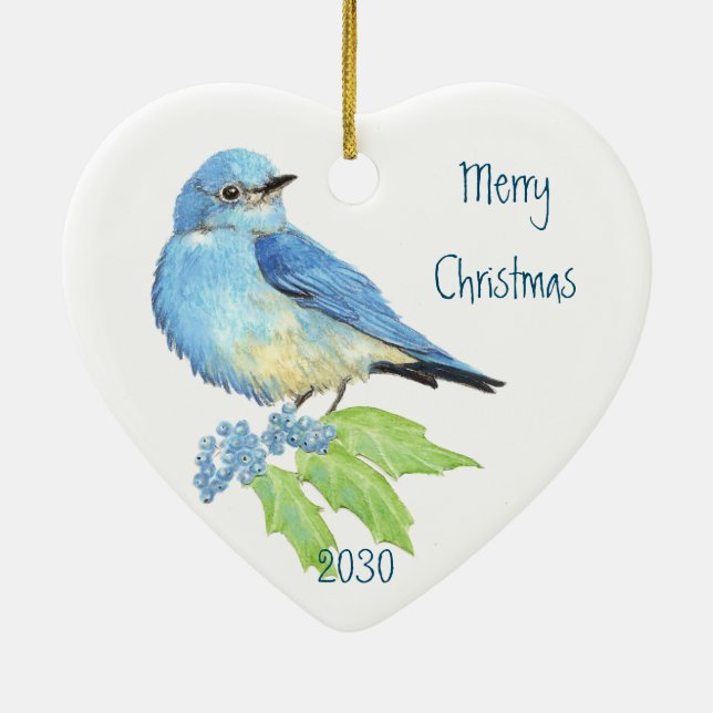 Watercolor Mountain Bluebird Blue Bird Art Ceramic Ornament (Back)