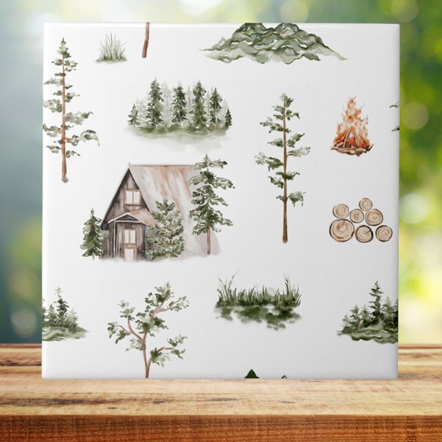 Watercolor Mountain Cabin Forest Seamless Pattern Tile (Close up)