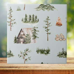 Watercolor Mountain Cabin Forest Seamless Pattern Tile