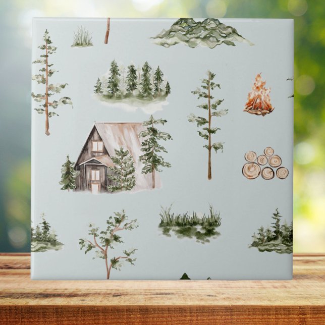 Watercolor Mountain Cabin Forest Seamless Pattern Tile (Close up)