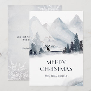 Watercolor Mountain Deer Snowflake Cartes de Noël