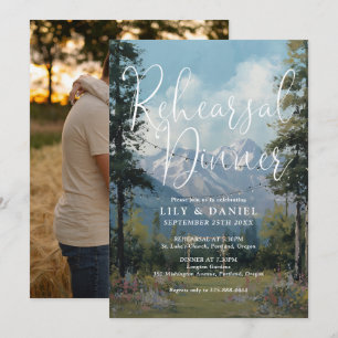 Watercolor Mountain Floral Photo Rehearsal Dinner Invitation