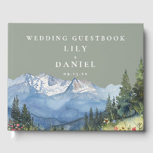 Watercolor Mountain Floral Sage Green Wedding Guest Book