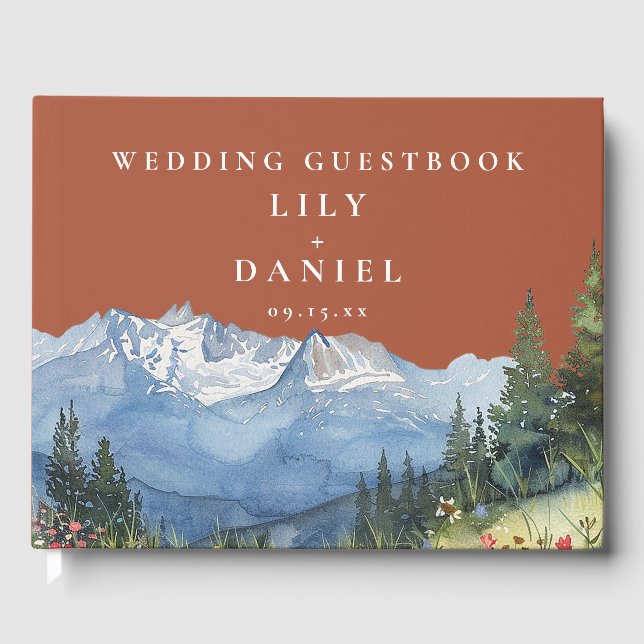 Watercolor Mountain Floral Terracotta Wedding Guest Book (Front)