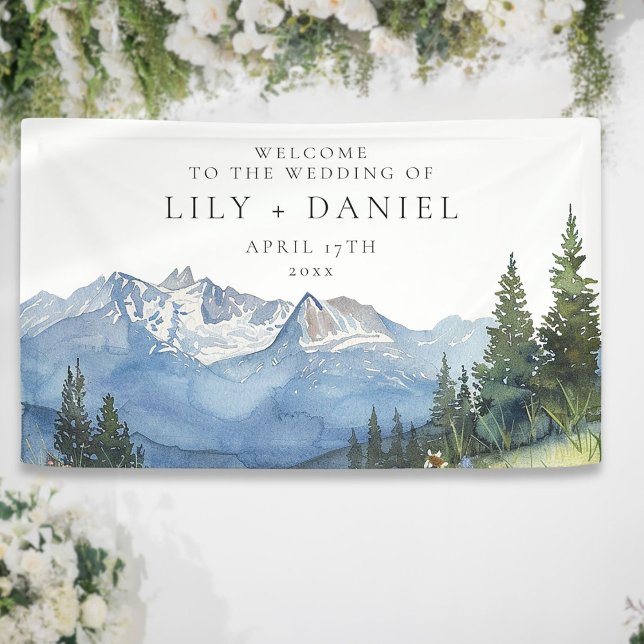 Watercolor Mountain Floral Wedding Welcome Banner (Watercolor Mountain Floral Wedding Welcome Banner)