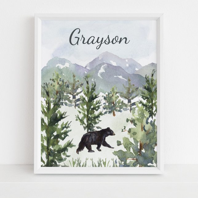 Watercolor Mountain Forest Bear Personalized Poster (Creator Uploaded)