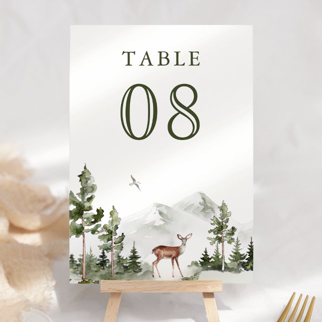Watercolor Mountain Forest Deer Wedding Table Number (Creator Uploaded)
