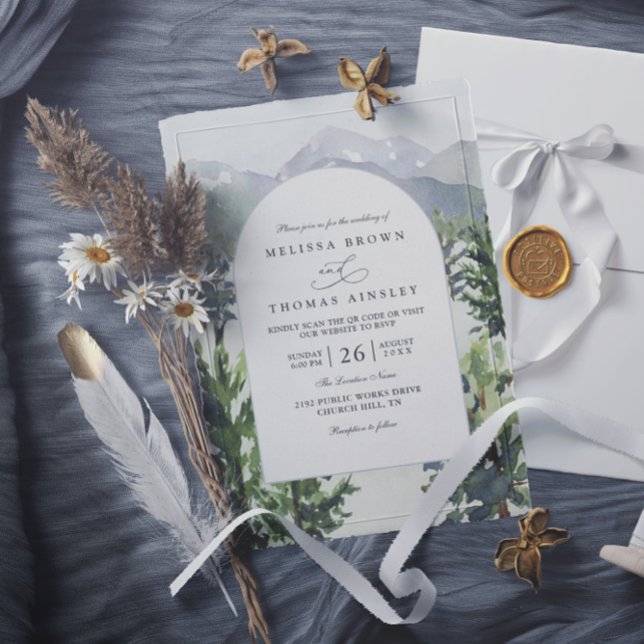 Watercolor Mountain Forest Rustic QR Code Wedding Invitation (Creator Uploaded)