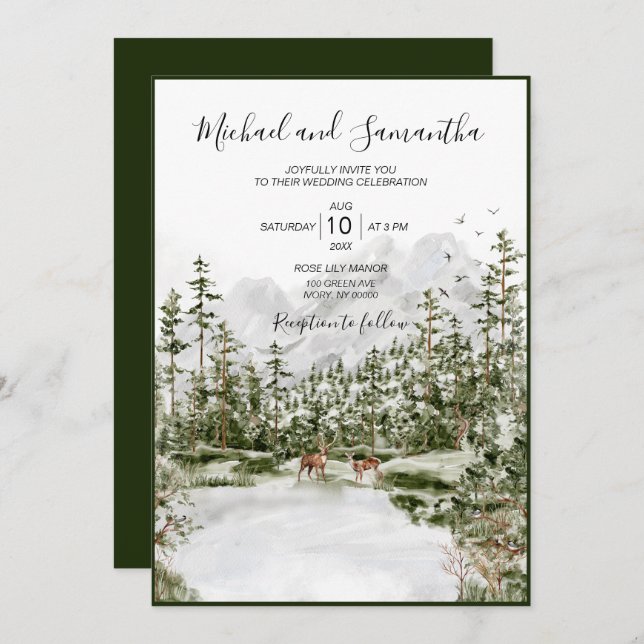 Watercolor Mountain Forest Rustic Wedding Invitation (Front/Back)