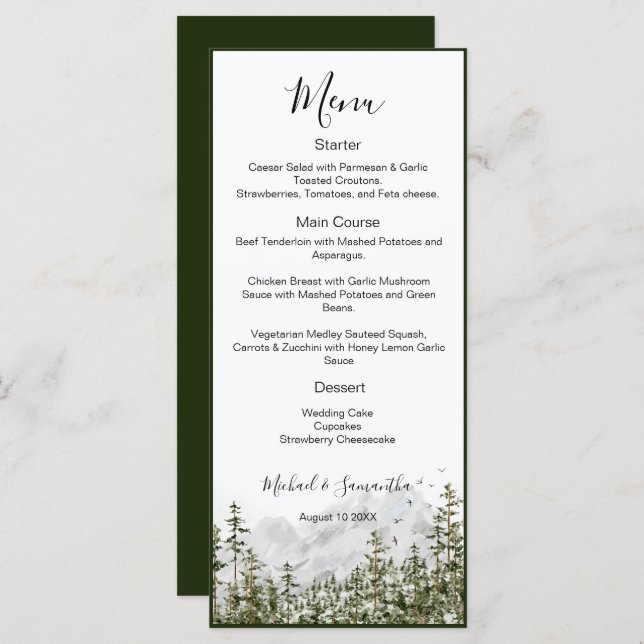Watercolor Mountain Forest Rustic Wedding Menu (Front/Back)