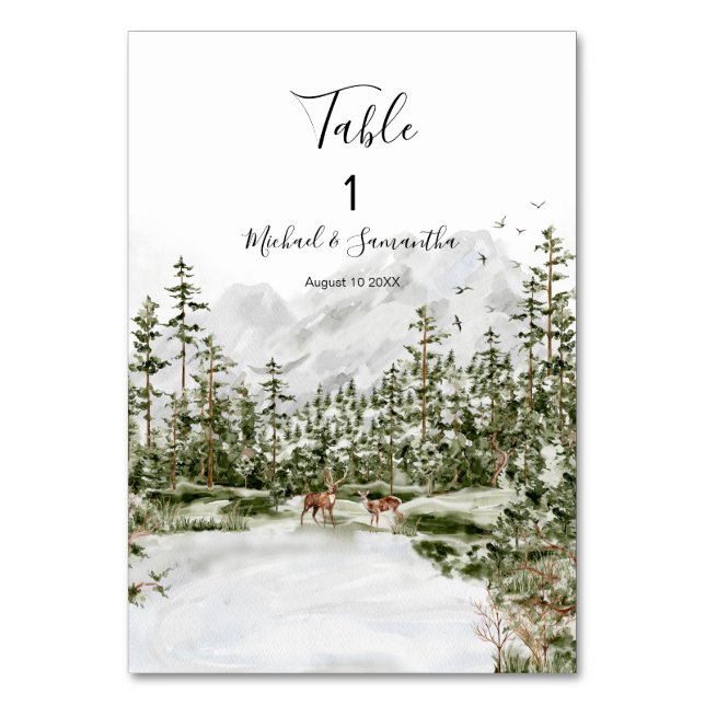 Watercolor Mountain Forest Rustic Wedding Table Number (Front)