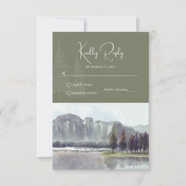 Watercolor Mountain Forest Trees Lake Wedding RSVP Card (Front)