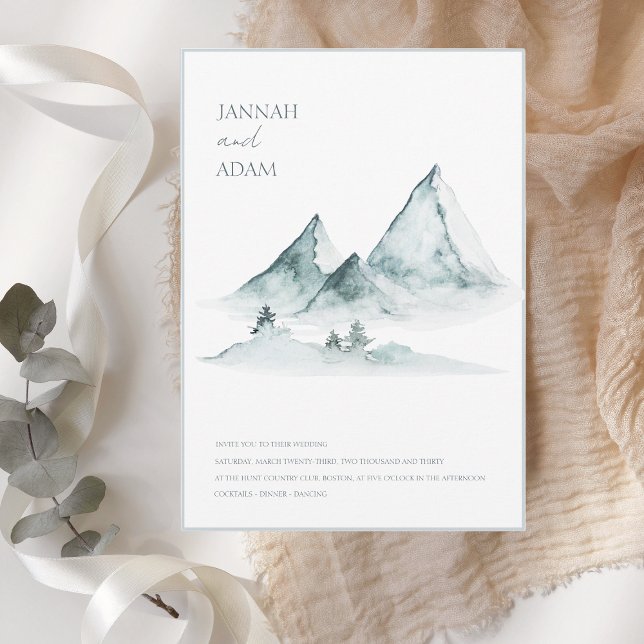 Watercolor Mountain Green and White Winter Wedding Invitation (Creator Uploaded)