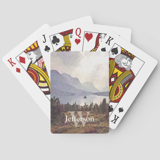 Watercolor Mountain Lake Name and Initial Template Playing Cards (Back)
