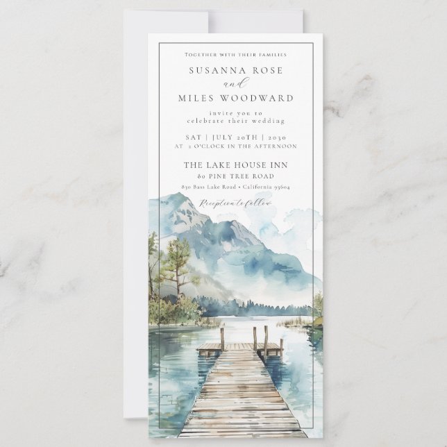 Watercolor Mountain Lake Wedding Quote Invitation (Front)