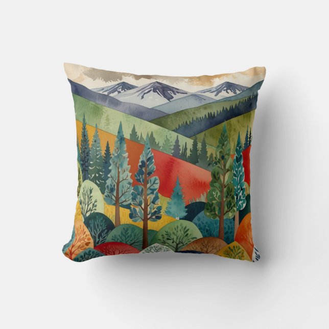 Watercolor Mountain Landscape Design | Vibrant For Throw Pillow (Front)