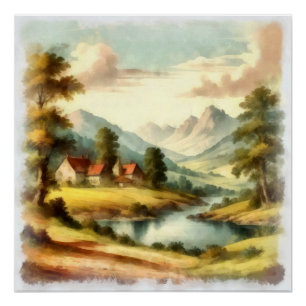 Watercolor, mountain landscape poster