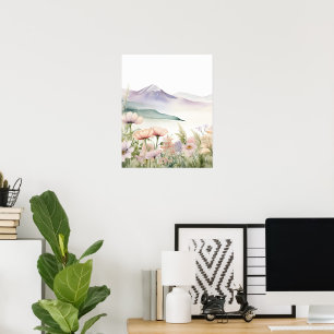 Watercolor Mountain Landscape Wildflower Pos Poster