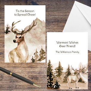Watercolor Mountain Landscape with Deer  Holiday Card
