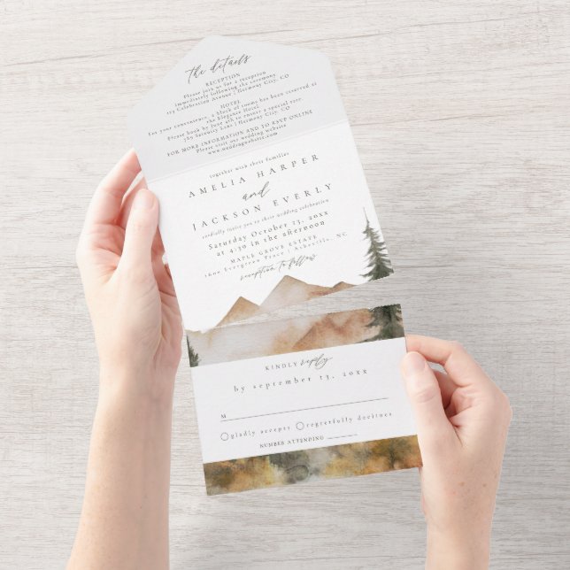 Watercolor Mountain Mariage tout en une invitation (Déchirure)