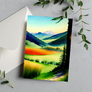 Watercolor Mountain Meadow Flat Greeting Card