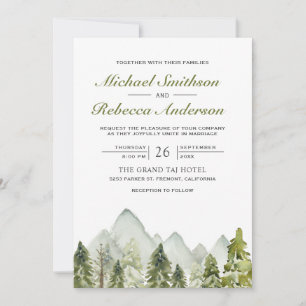 Watercolor Mountain Pine Forest QR Code Wedding Invitation